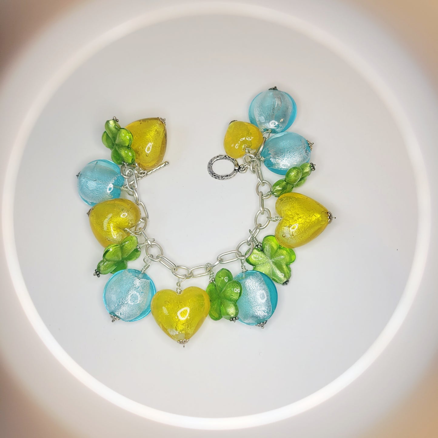 Murano-Style Bead Bracelet. Handcrafted, with blue, yellow and green beads.
