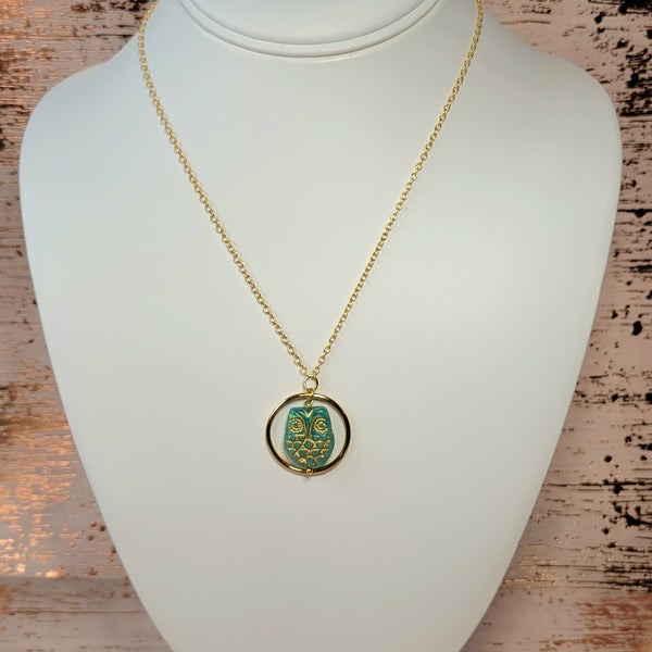 Green and Gold Owl Pendant. Handmade.