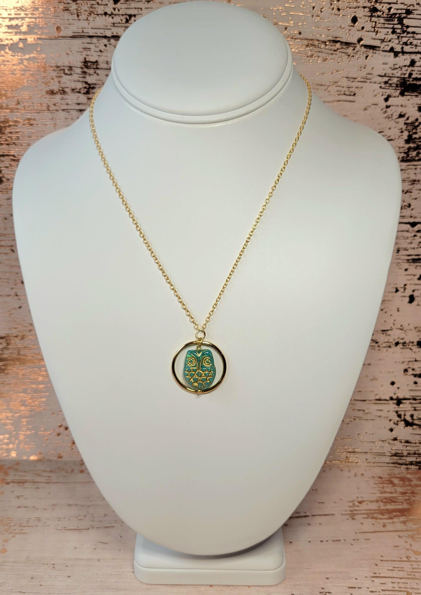 Green and Gold Owl Pendant. Handmade.