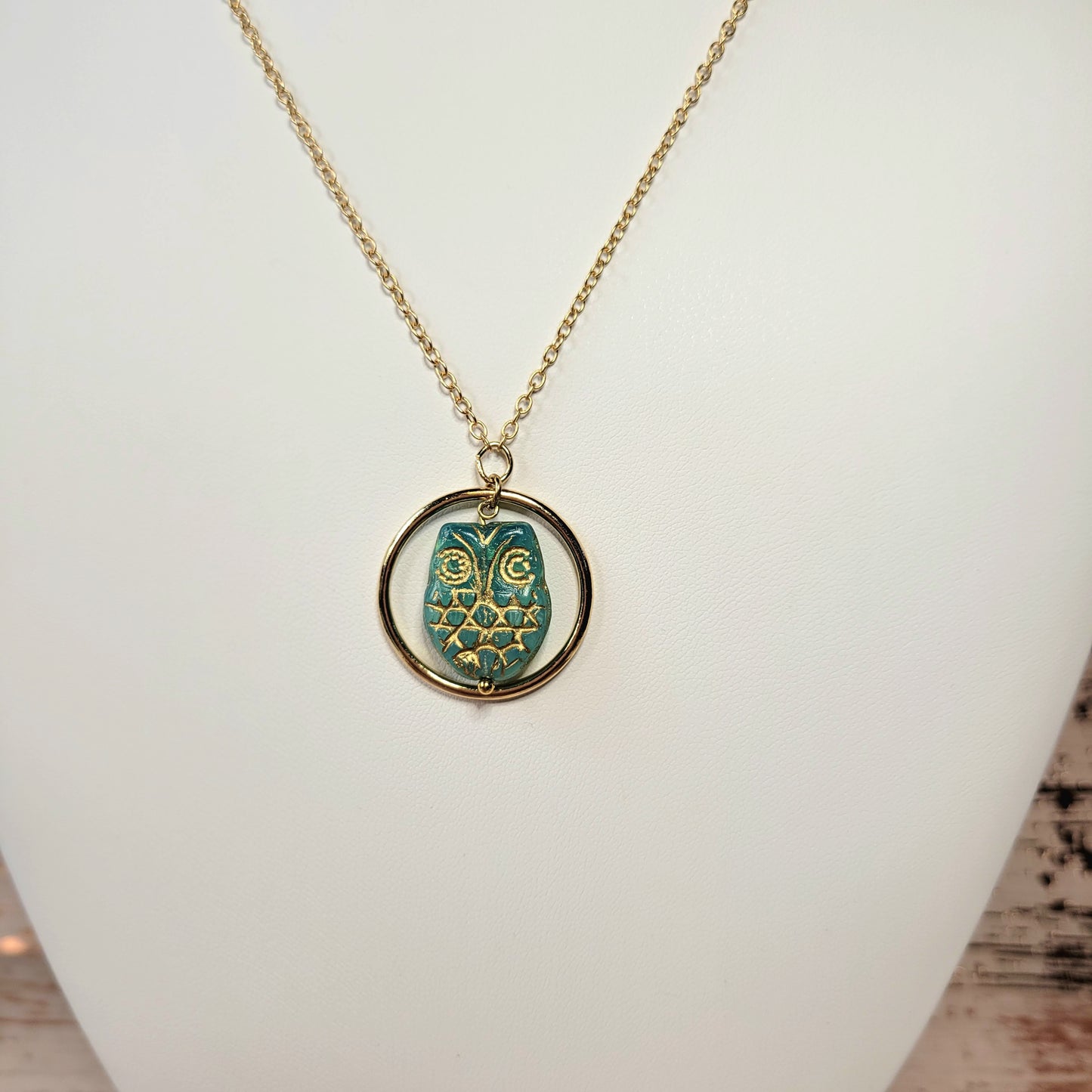 Green and Gold Owl Pendant. Handmade.