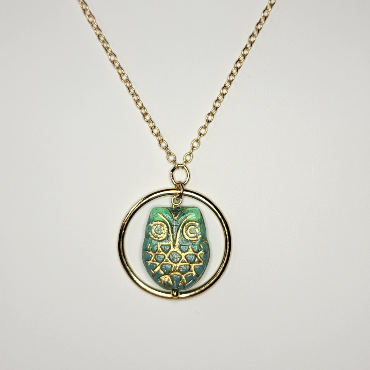 Green and Gold Owl Pendant. Handmade.