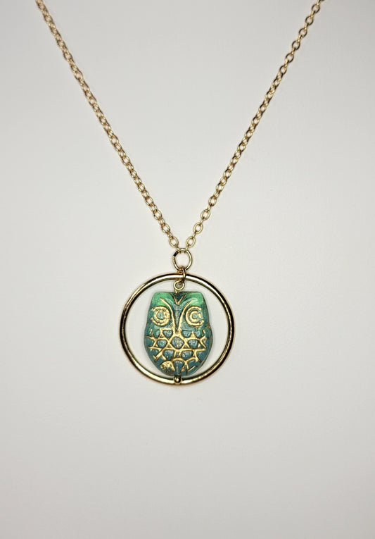 Green and Gold Owl Pendant. Handmade.