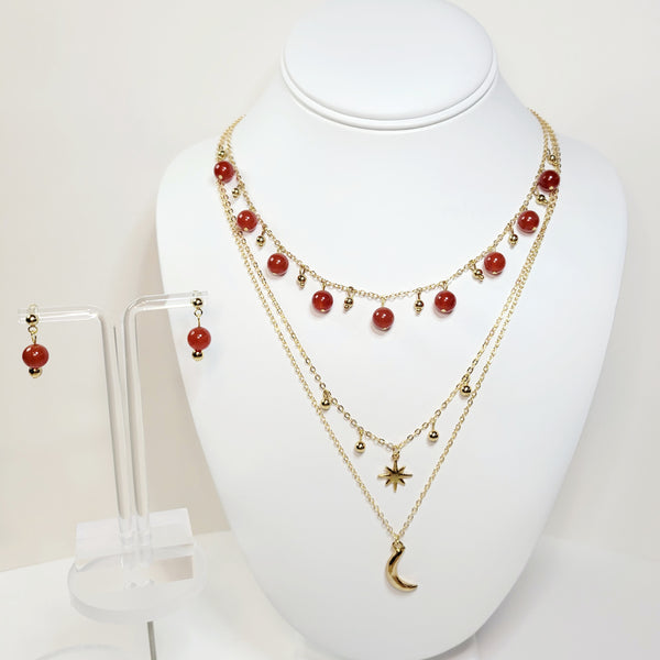 Red Agate Beads 3-Tiered Gold Necklace and Earrings Set. Handmade. Customizable.