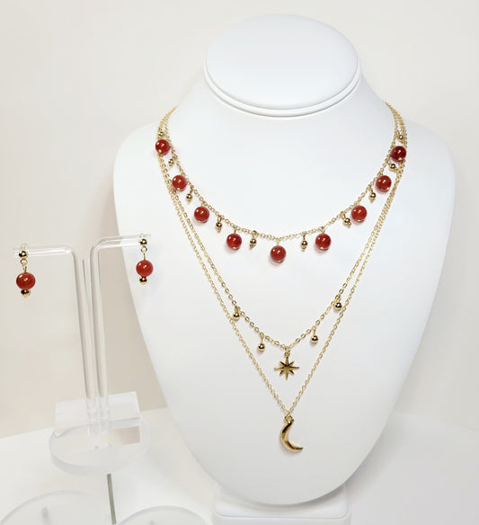 Red Agate Beads 3-Tiered Gold Necklace and Earrings Set. Handmade. Customizable.