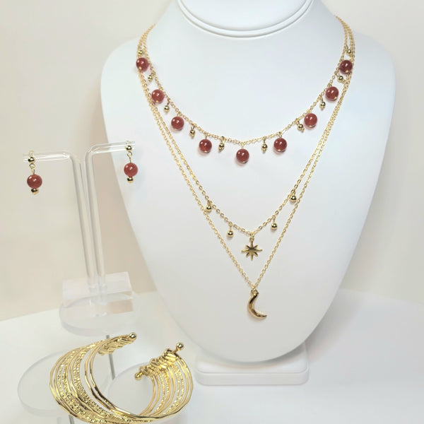 Red Agate Beads 3-Tiered Gold Necklace and Earrings Set. Handmade. Customizable.