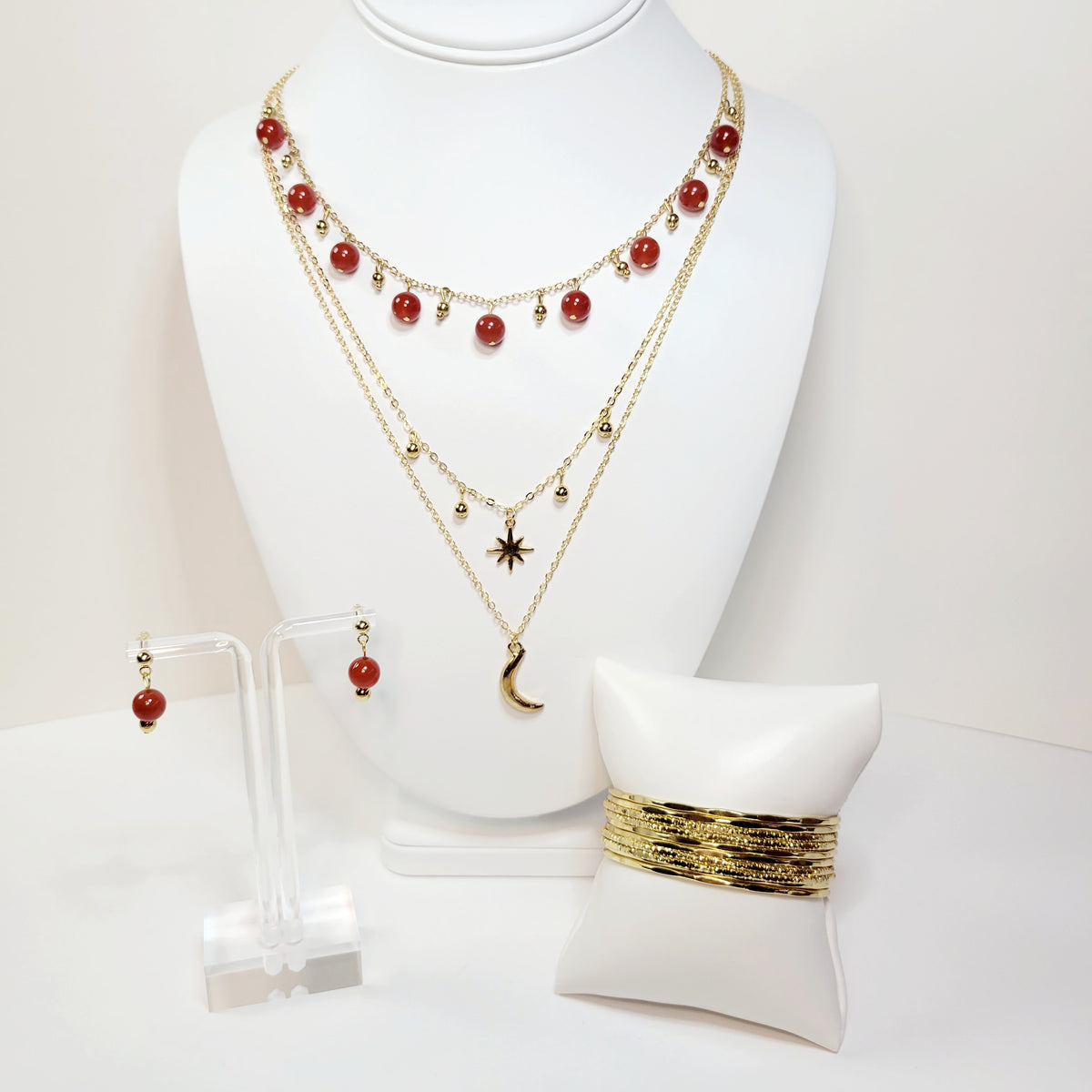 Red Agate Beads 3-Tiered Gold Necklace and Earrings Set. Handmade. Customizable.