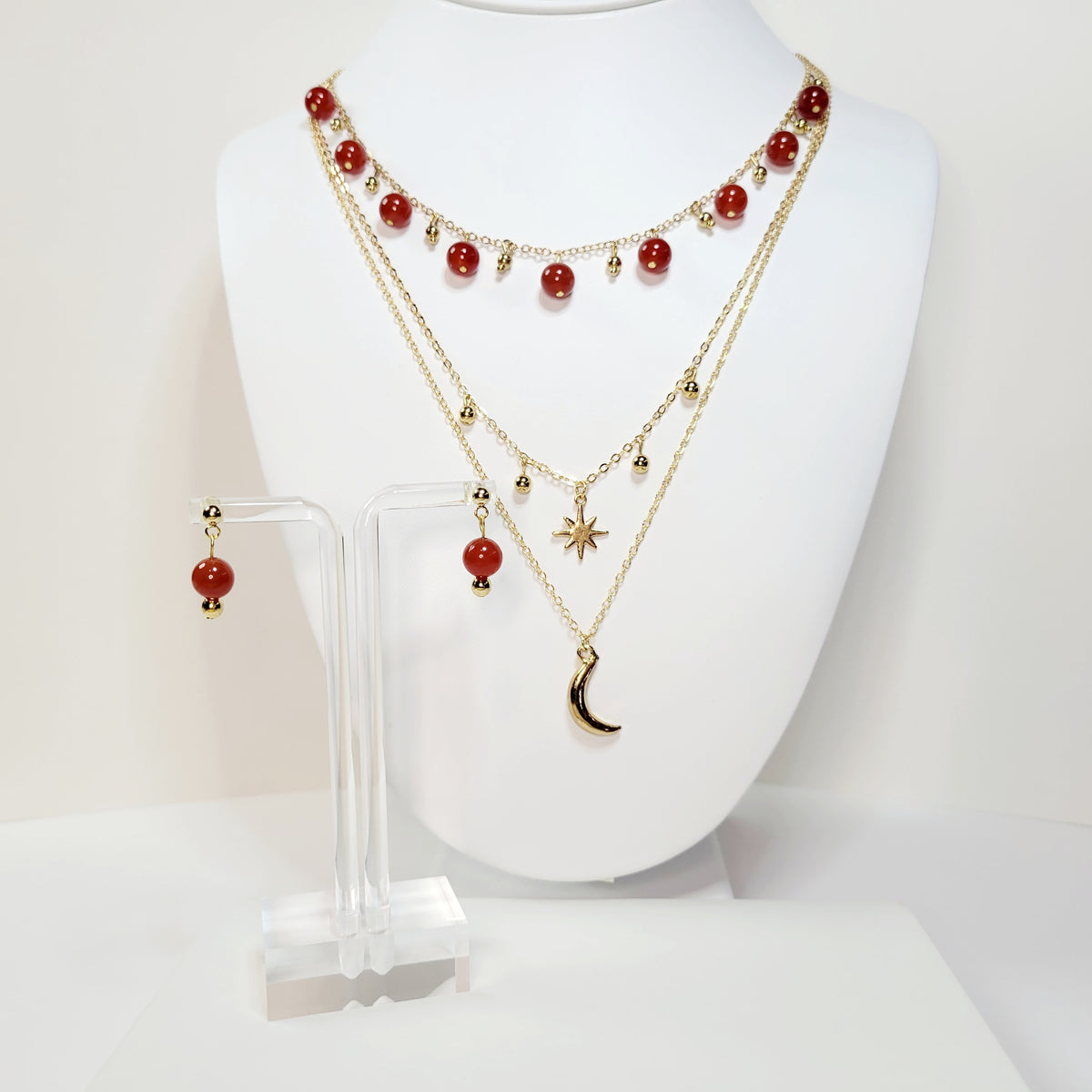 Red Agate Beads 3-Tiered Gold Necklace and Earrings Set. Handmade. Customizable.