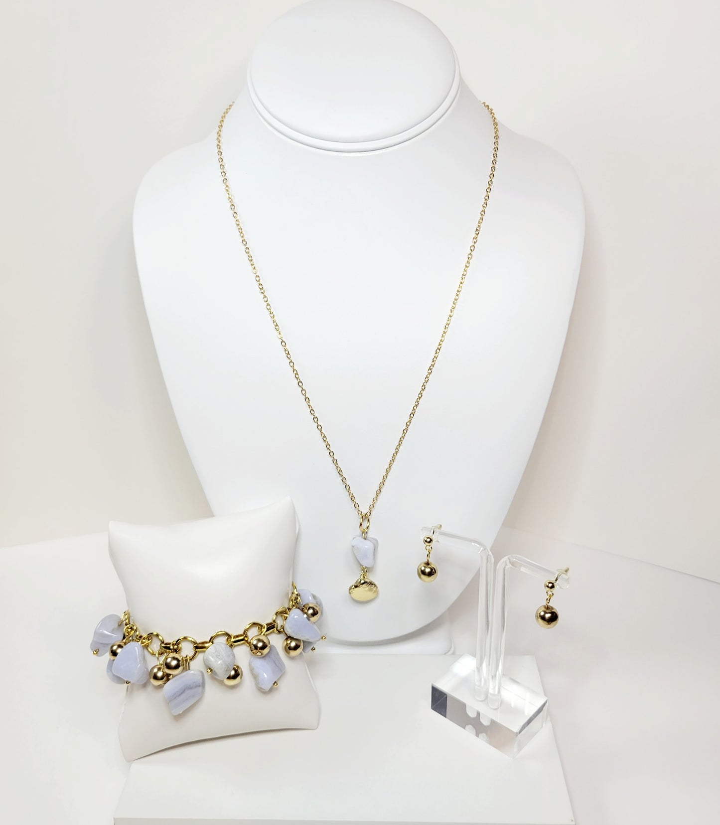 Light Marbled Stone Jewelry Set. Handmade.