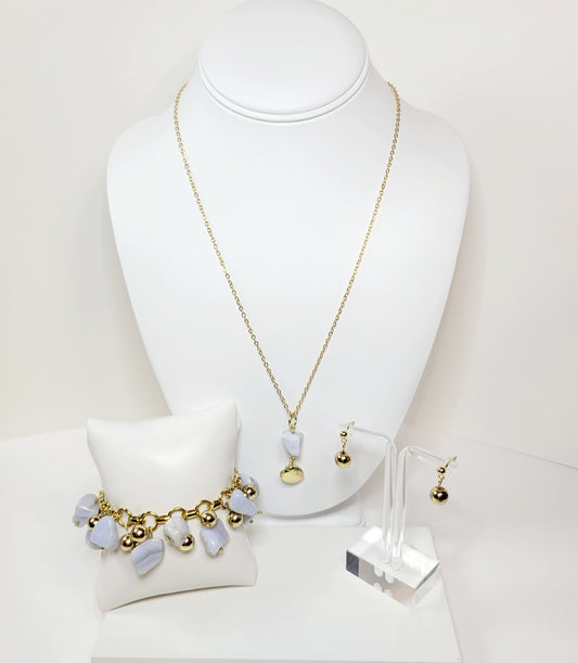 Light Marbled Stone Jewelry Set. Handmade.