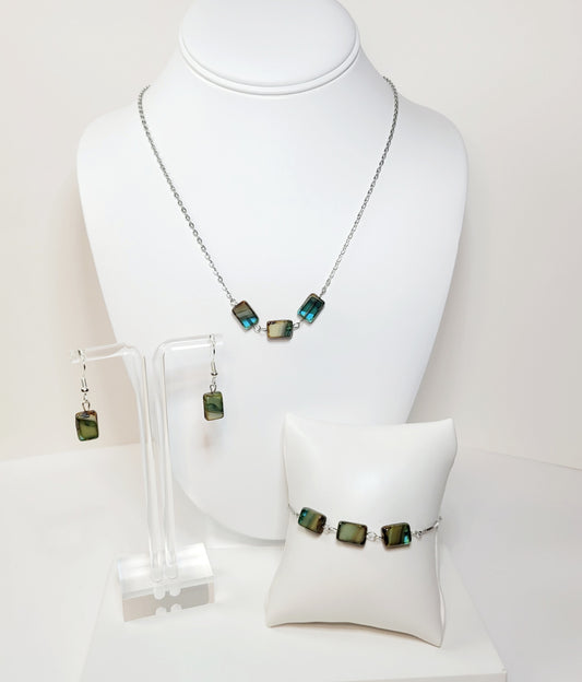 Silver and Green Czech Glass Jewelry Set. Handmade.