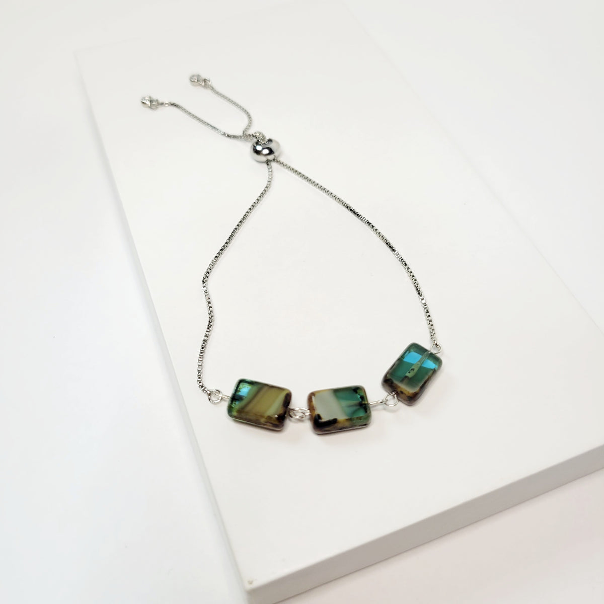 Silver and Green Czech Glass Jewelry Set. Handmade.