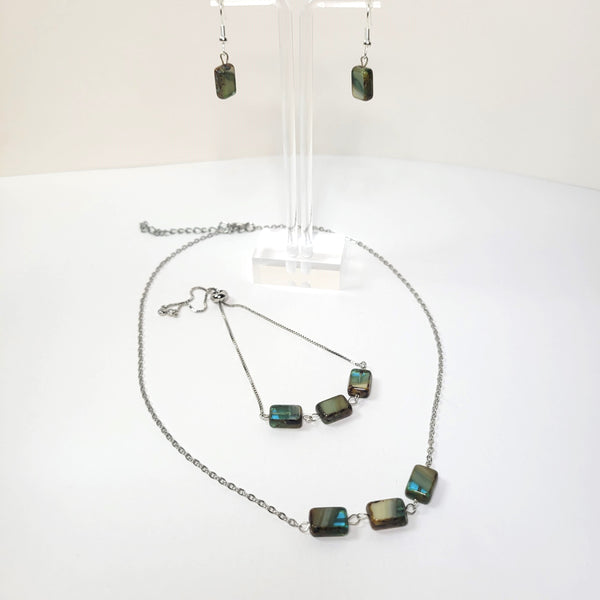 Silver and Green Czech Glass Jewelry Set. Handmade.