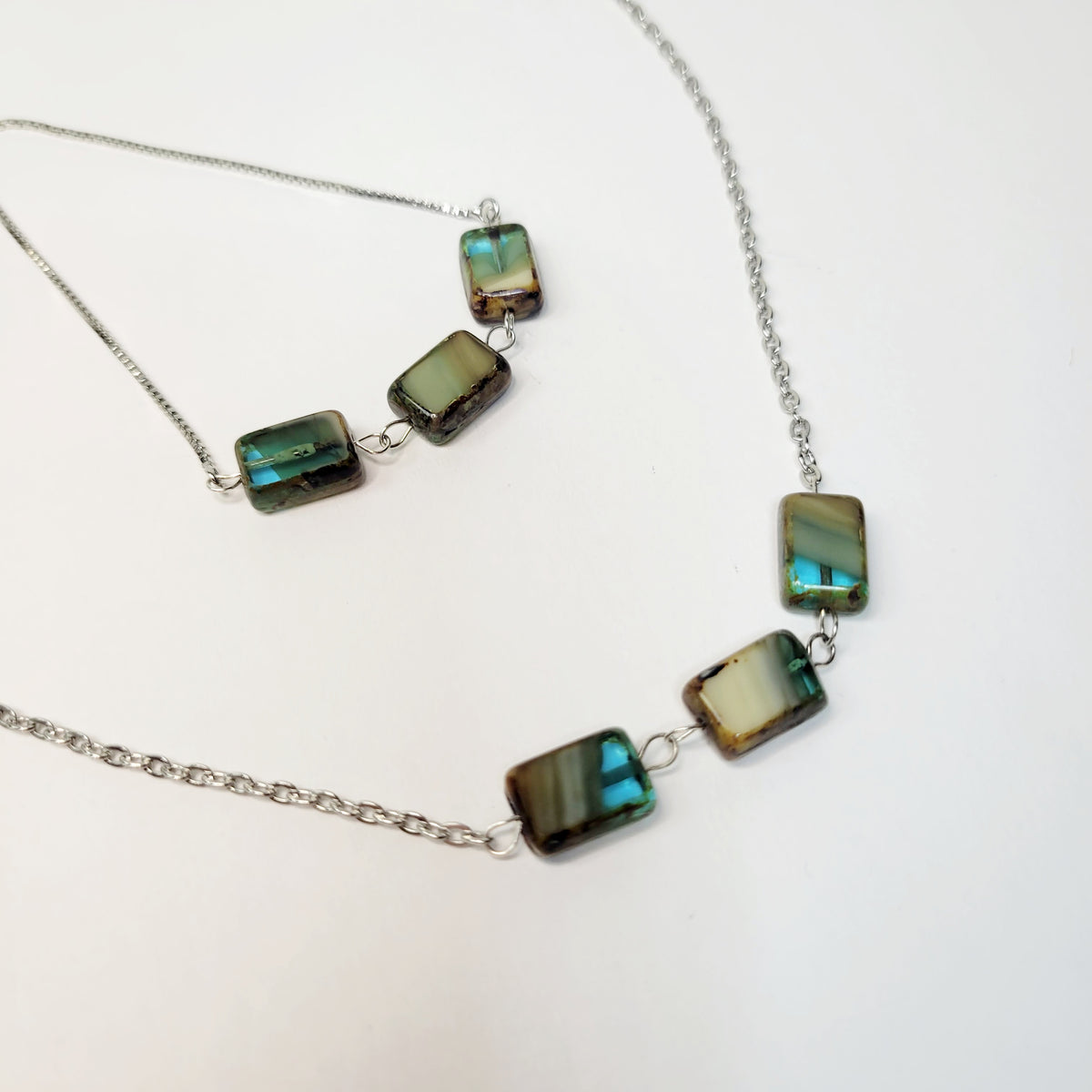 Silver and Green Czech Glass Jewelry Set. Handmade.