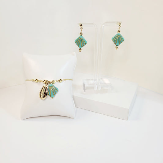 Turquoise and Gold Beach Shell Jewelry Set. Handmade.