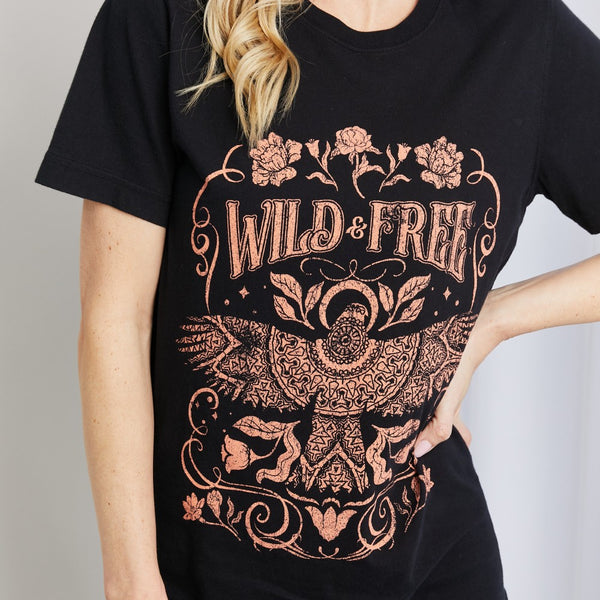 mineB Full Size WILD FREE Graphic Round Neck Tee