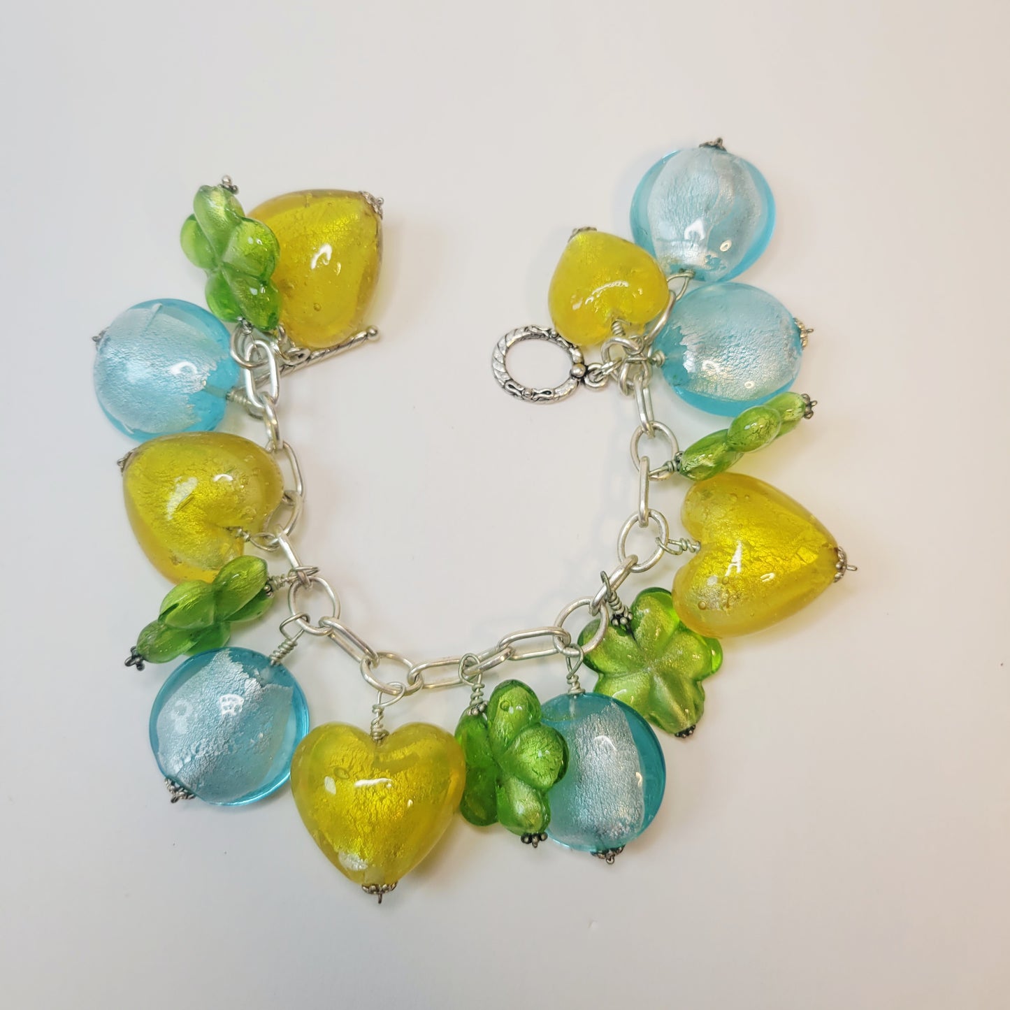 Murano-Style Bead Bracelet. Handcrafted, with blue, yellow and green beads.