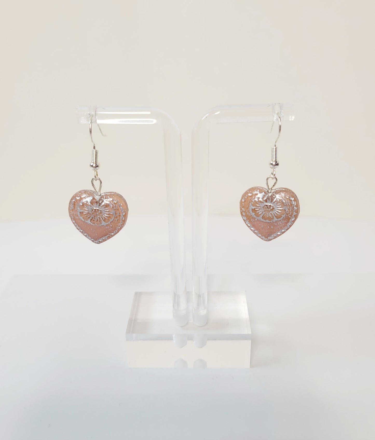 Heart Czech Crystal Earrings. Silver and Pink.