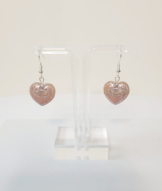 Heart Czech Crystal Earrings. Silver and Pink.