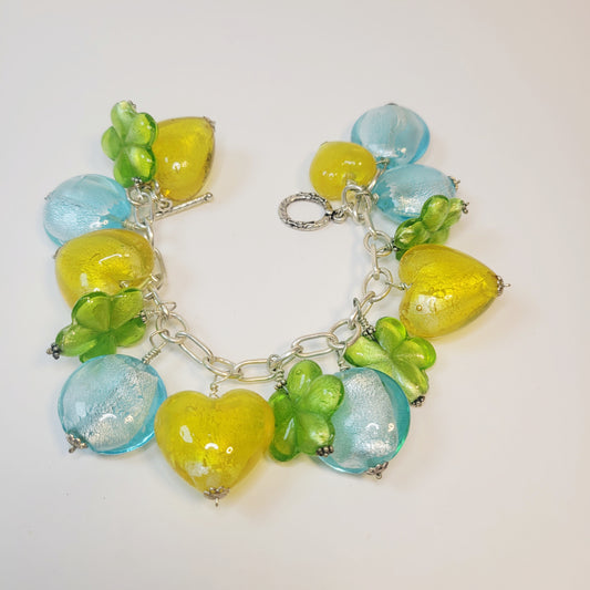 Murano-Style Bead Bracelet. Handcrafted, with blue, yellow and green beads.