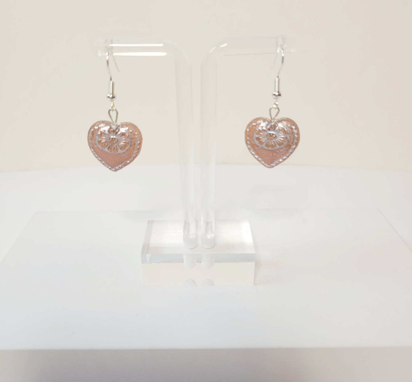 Heart Czech Crystal Earrings. Silver and Pink.