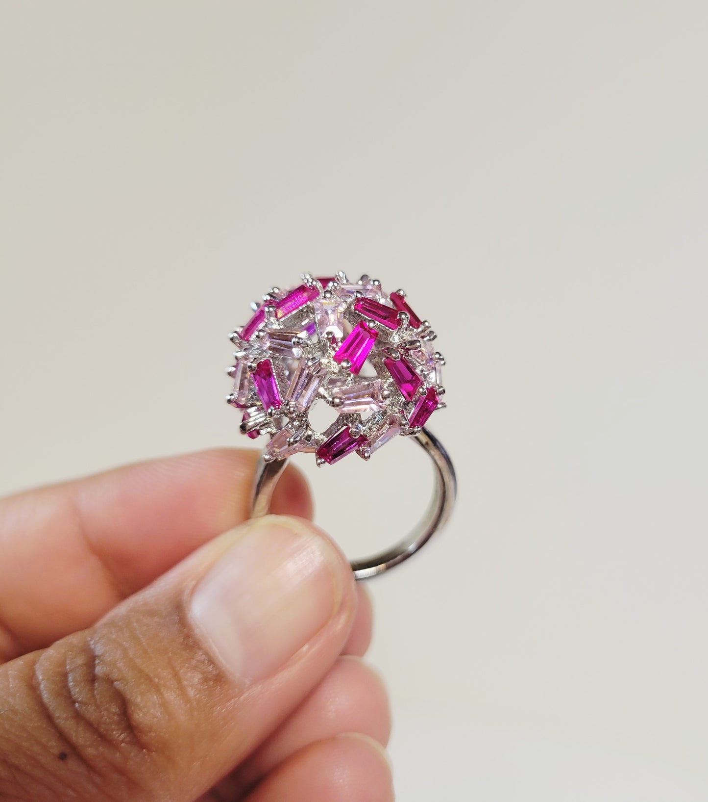 Two-tone Pink Rhinestone Ring. Size 7. Silver-toned band. Pre-owned.