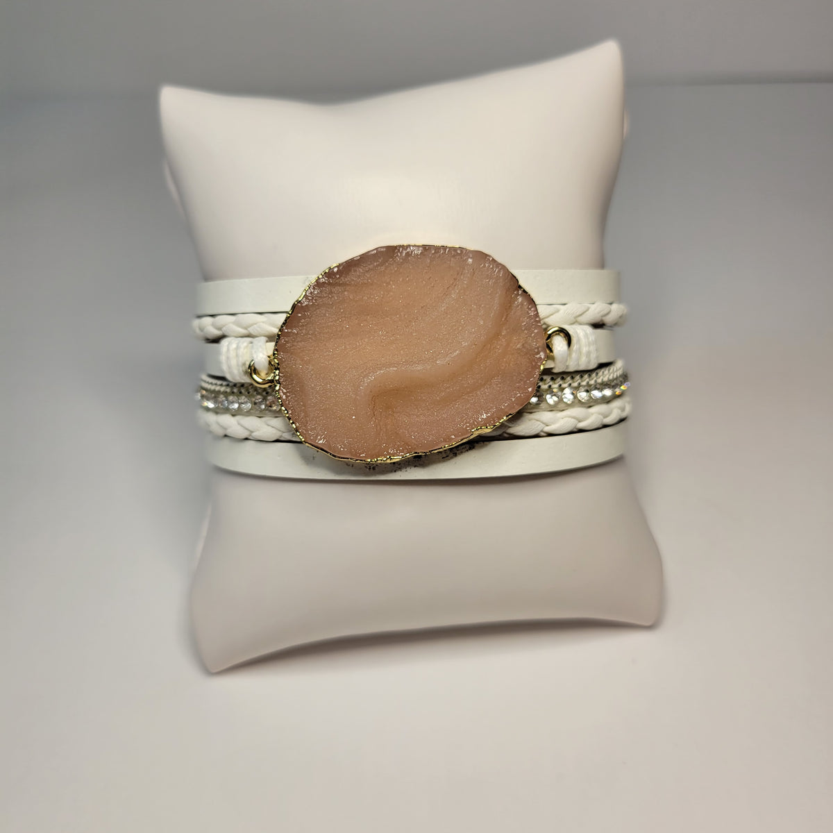 Pink Stone Faux Leather Bracelet Cuff.