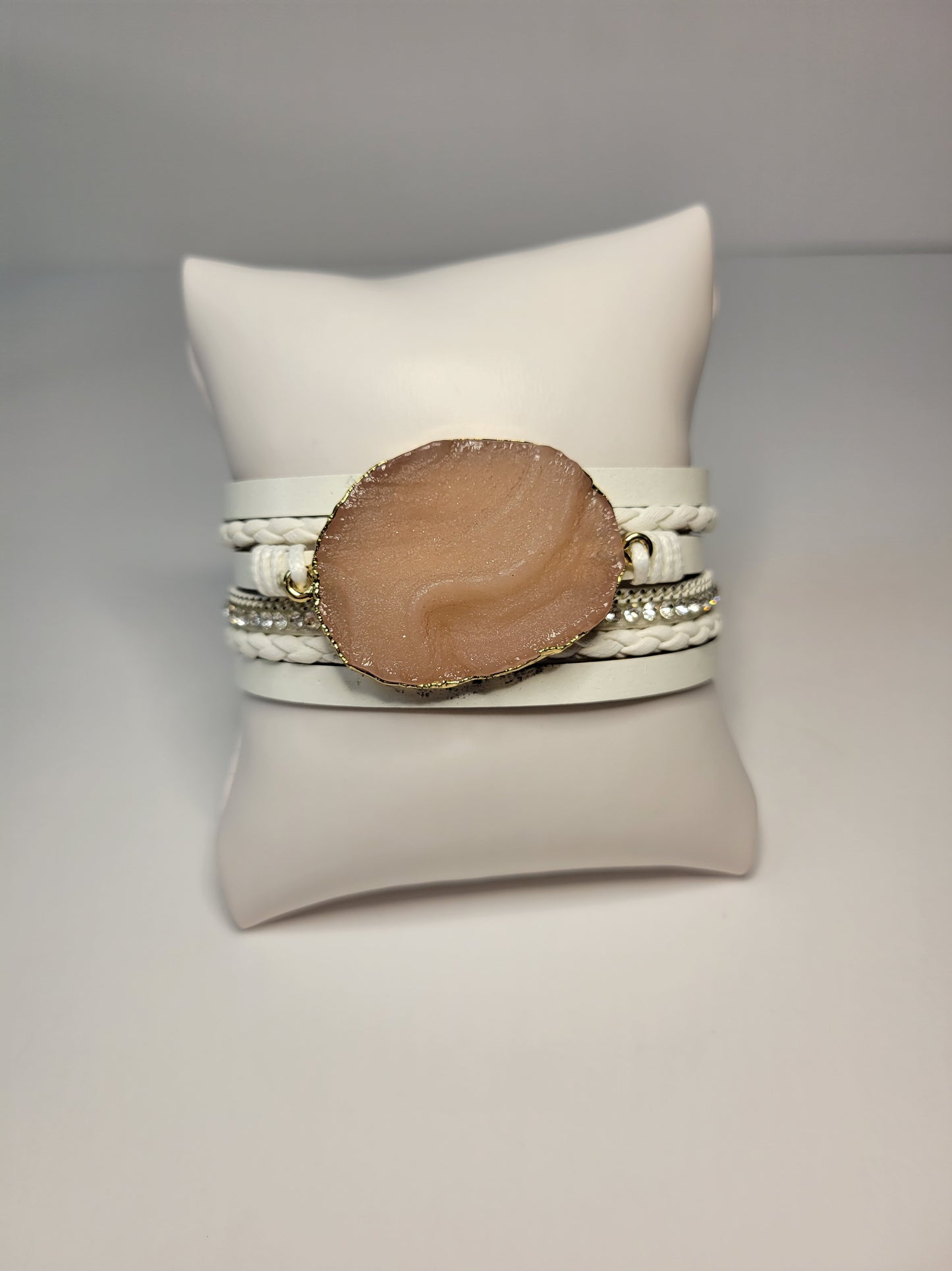 Pink Stone Faux Leather Bracelet Cuff.