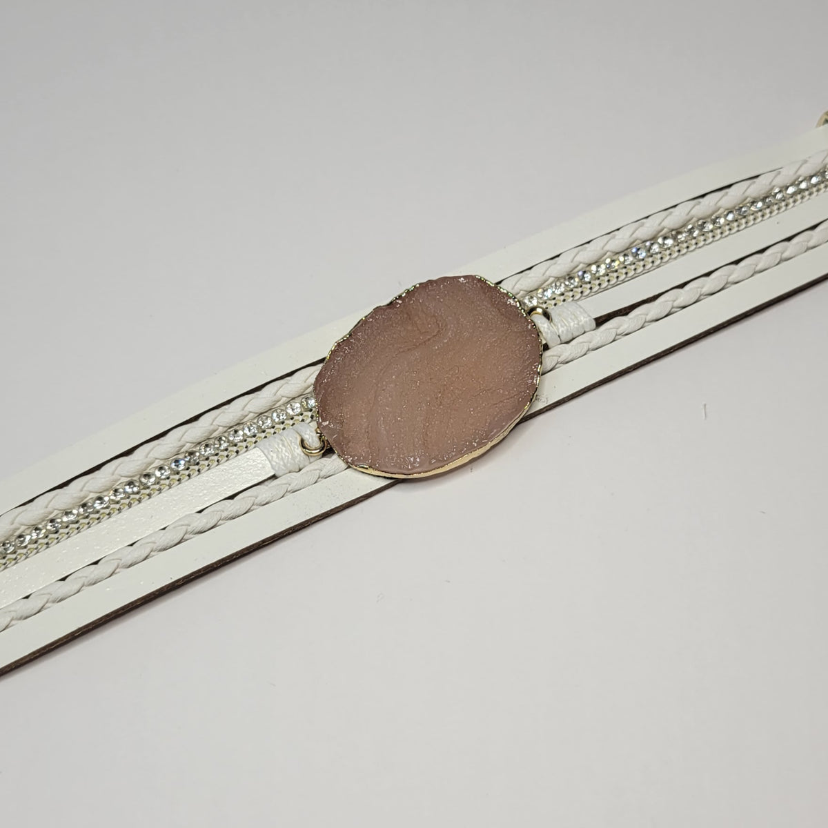 Pink Stone Faux Leather Bracelet Cuff.