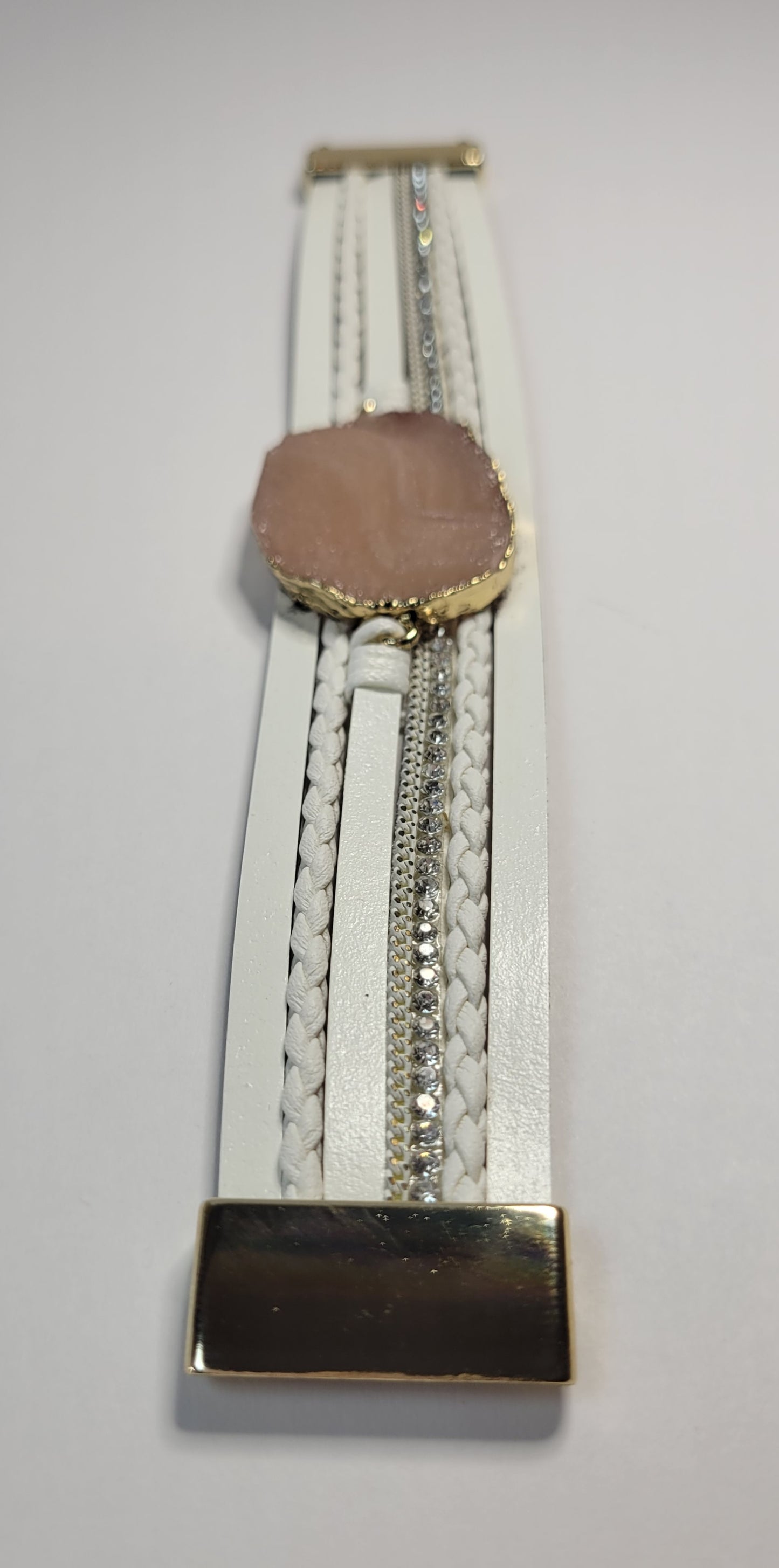 Pink Stone Faux Leather Bracelet Cuff.